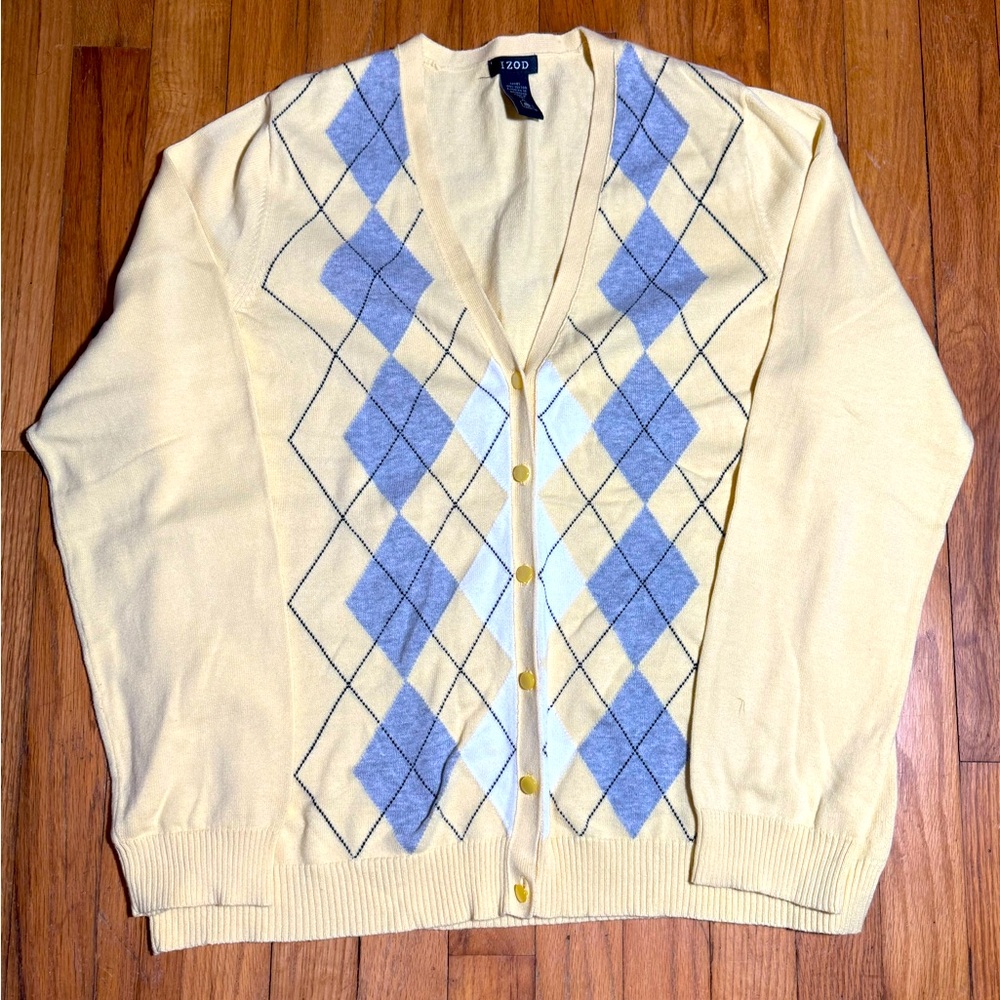 Izod Ladies Yellow Gray Argyle Cardigan 100% Cotton Size Large